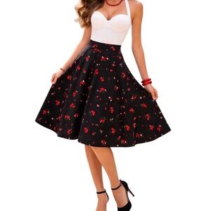 Yarn & Ink Womens Black Cherry Print A-Line Midi Skirt Cotton Blend Size Large